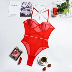 One-piece Red Mesh Lingerie Bodysuit with Crystal Chain